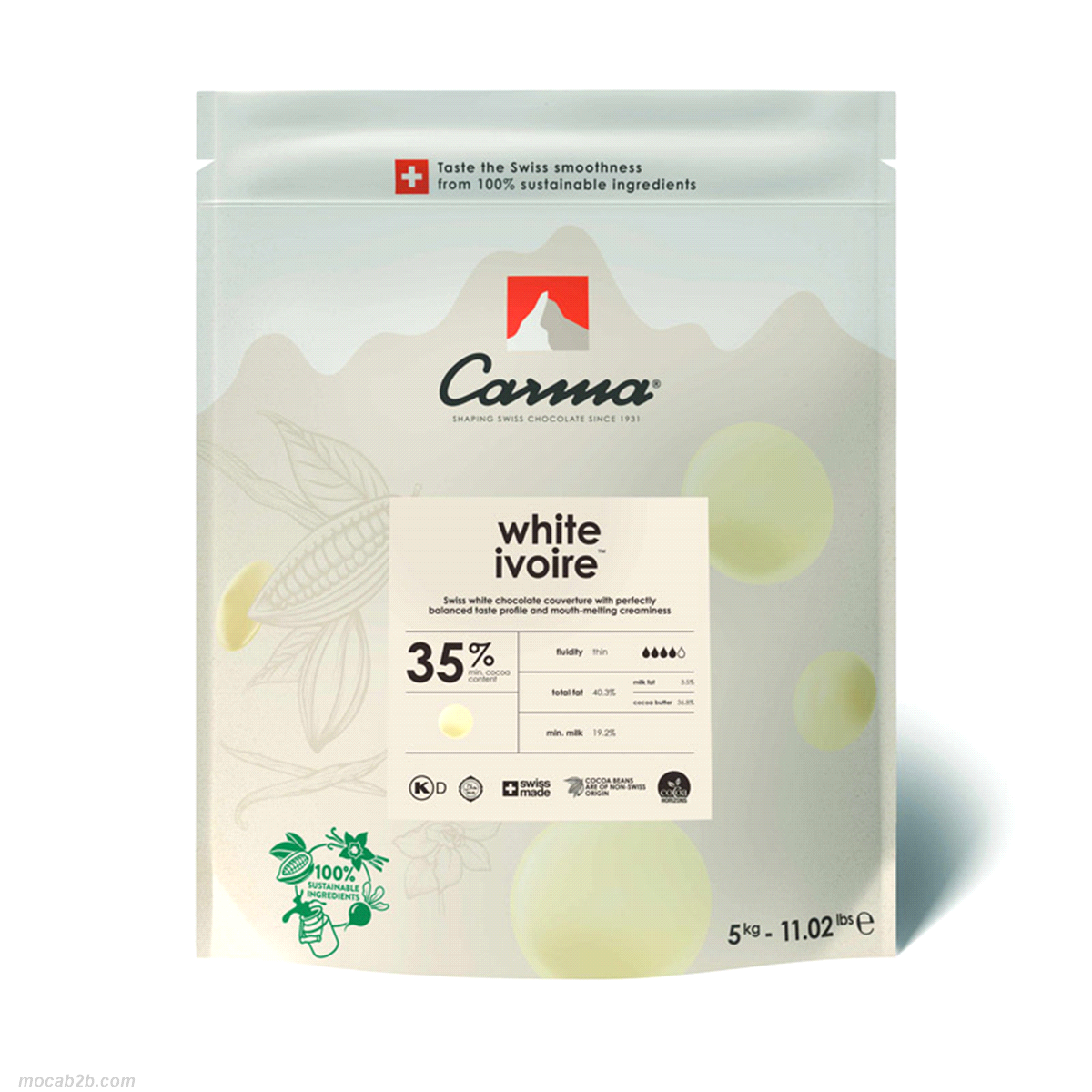 Cioccolato bianco per copertura con una dolcezza cremosa, un equilibrato sapore di latte e sentori di vaniglia del Madagascar, il tutto racchiuso in uno splendido colore avorio. 