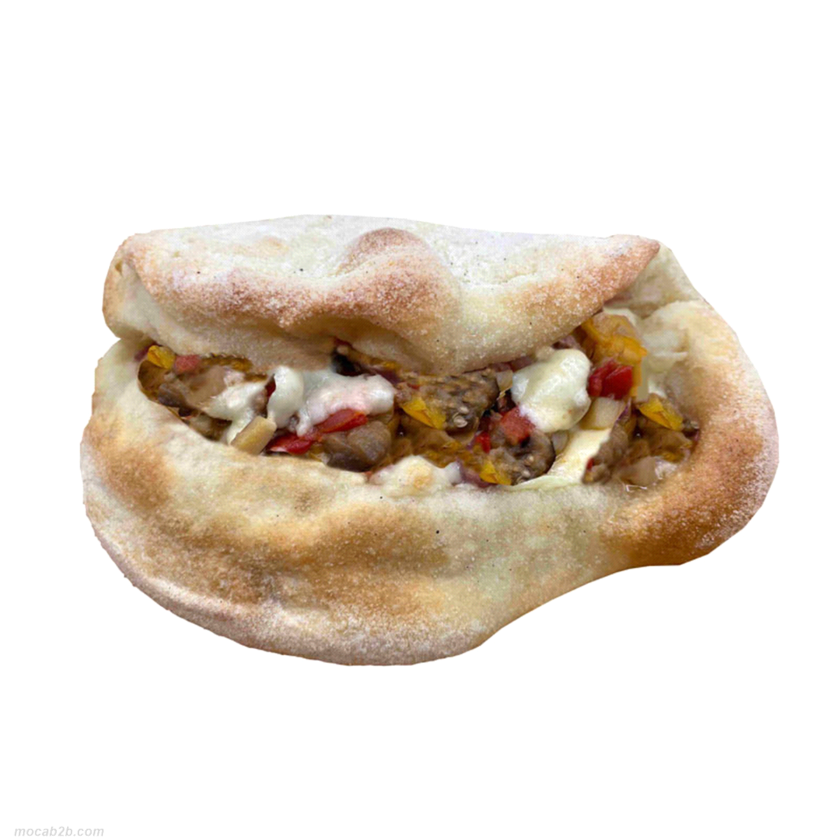 Focaccia mezzaluna circa 15 cm, farcita con edamer e verdure. 150 gr. Verdure: melanzane, zucchine, peperoni. Rigenerare il prodotto a 250° circa in forno statico o ventilato per 6 minuti circa. 