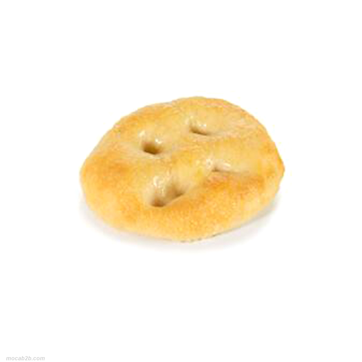 Bocconcino di focaccia tonda precotta e surgelata. Diametro 7 cm x h.2,5 cm. Senza scongelare cuocere in forno ventilato 190°c per 3/4 minuti. 