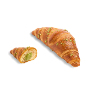 Mini croissant 45gr farcito con crema pistacchio. Pronto forno da cuocere a 170°C per 20-23 minuti. Linea margarina. 