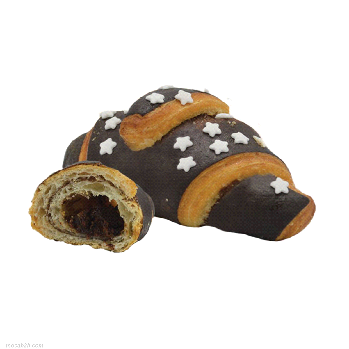 Mini croissant glassato, ripieno di crema al cioccolato bianco e gianduia. Cuocere a 170-175°C x 20-25 minuti. 