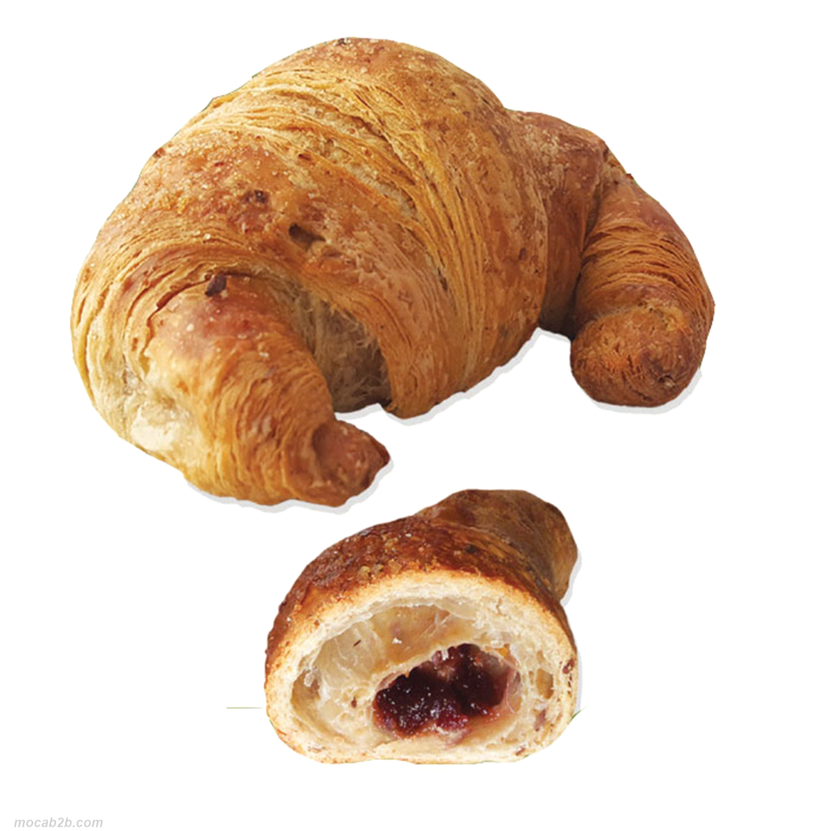 Croissant curvo con impasto arricchito con un mix di multicereali prontoforno, glassato e farcito con confettura con pezzi di frutti di bosco. Cuocere a 170°C x 20/25 minuti. 