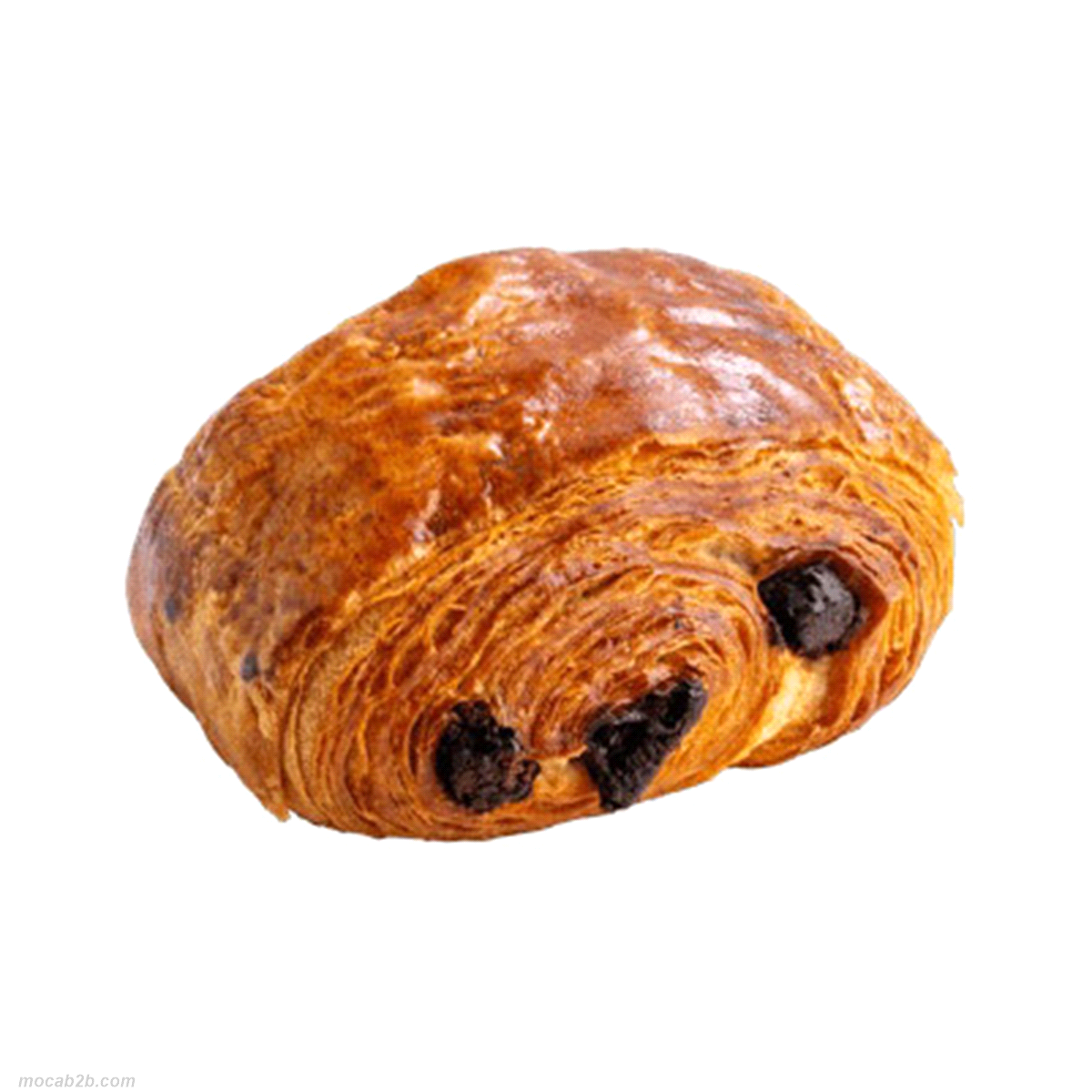 Pain au chocolat con pasta lievitata sfogliata al burro surgelata. Rotolo al cioccolato (cioccolato 15%). Scongelare 20 min. a temp. amb e cuocere circa 20-22 minuti a 160-165°C 