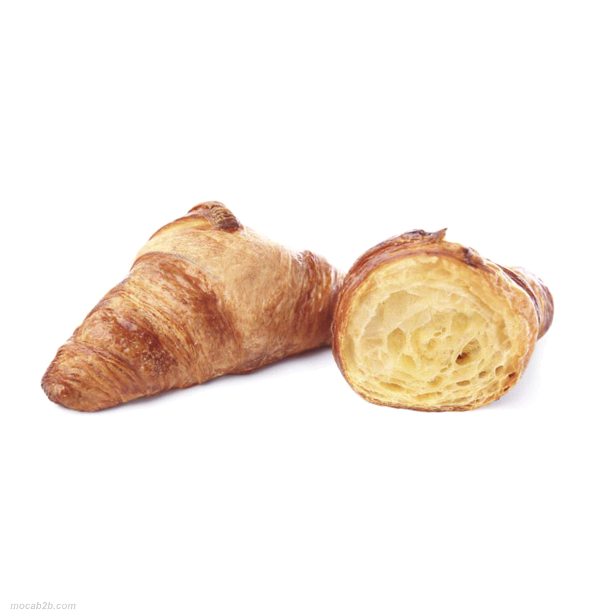 Croissant con una delicata sfoglia al burro e margarina, profumato e croccante. Ampia alveolatura interna e volume generoso. Cuocere 21-23 minuti a 170°C. 80 pezzi per cartone 