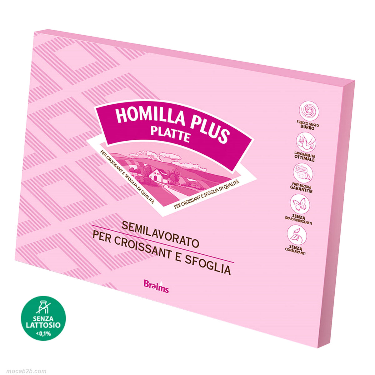 Melange per sfoglia e croissant. Buon contenuto di burro; Senza grassi idrogenati; Lavorabilità ottimale 15-25°C; Distribuzione molto omogenea in laminazione; Gusto burro fresco e delicato; Certificata senza lattosio (<0,1%) 