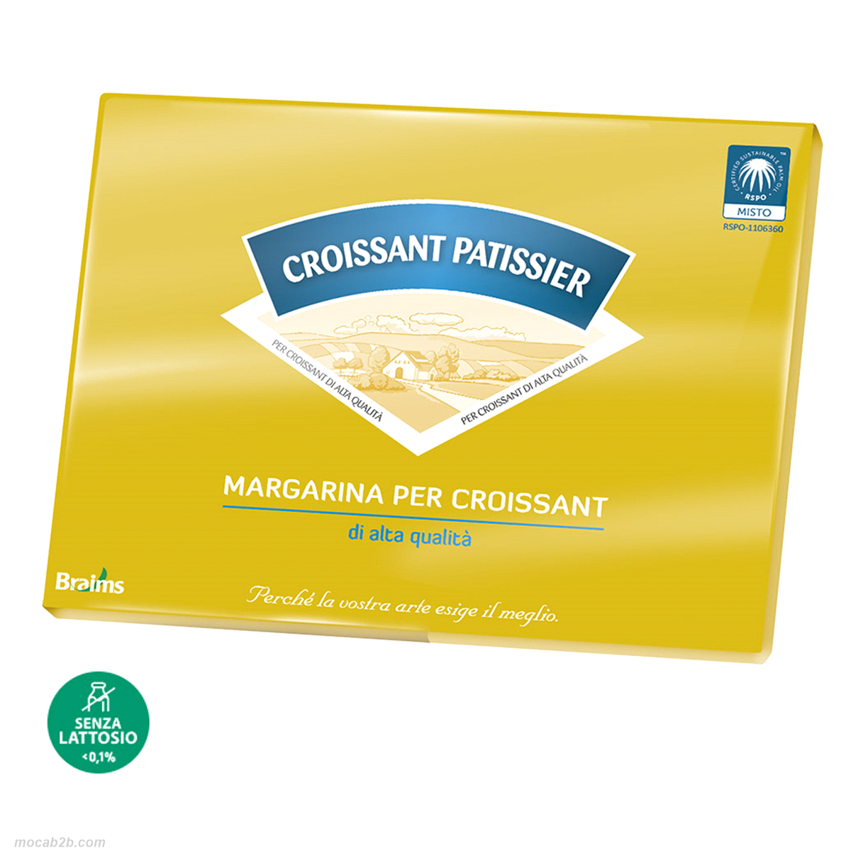 Margarina per croissant di alta qualità.. Temperature Tolerant 5-35°C; Struttura perfetta del croissant; Performante con la tecnologia del freddo; Latte nell’ingredientistica; Aromi esclusivi Braims; Olio di palma sostenibile; Certificata senza lattosio (<0,1%) 