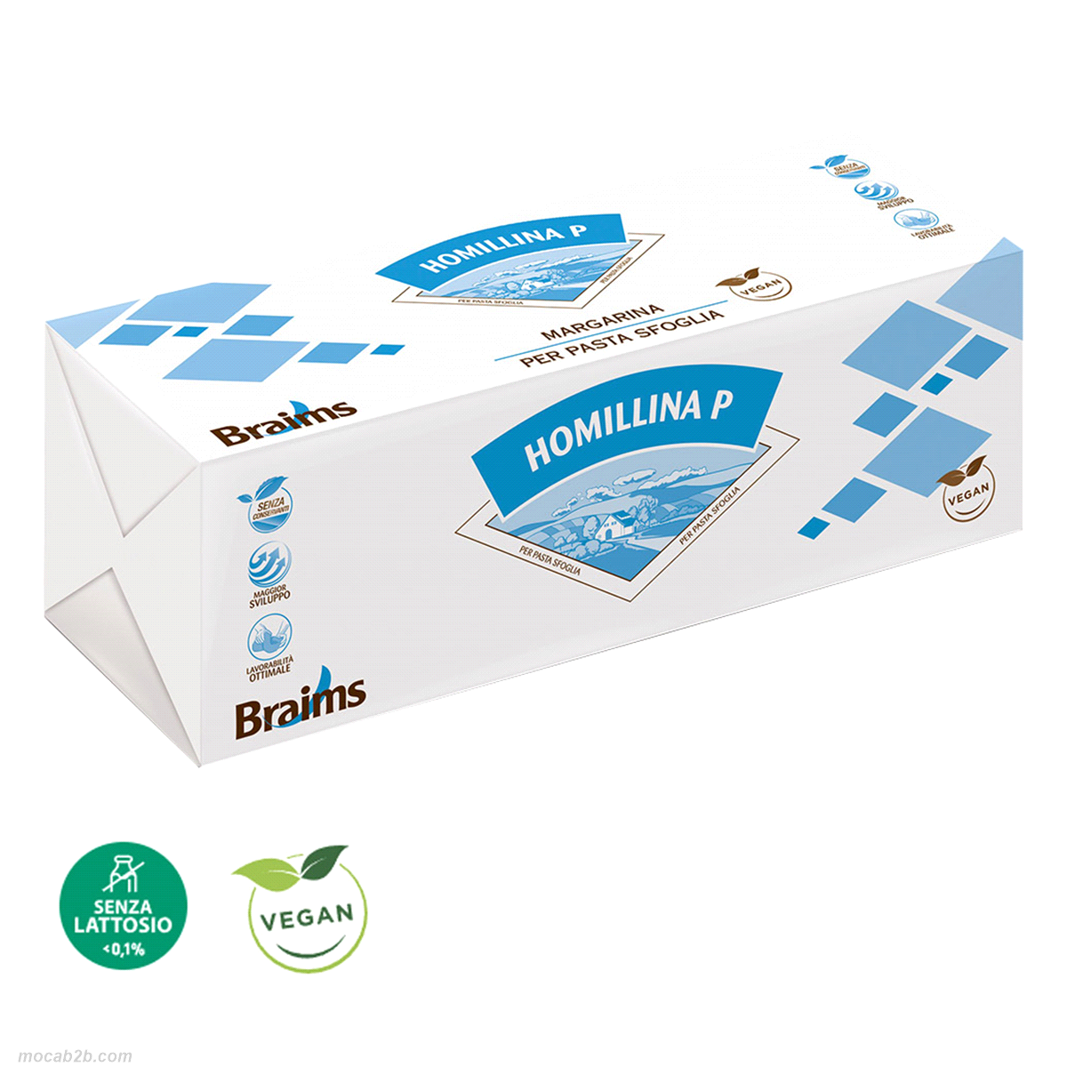 Margarina per sfoglia. Lavorabilità ottimale 15-25°C; Alta resa in sviluppo; Minor ritiro in cottura; Senza conservanti; Adatta ai vegani; Certificata senza lattosio (<0,1%) 