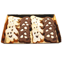 Biscotti monoporzioni halloween assortiti fantasmini e teschi. Due biscotti di frolla accoppiati farciti con crema al cioccolato. 16 pezzi da circa 75 grammi cad. 
