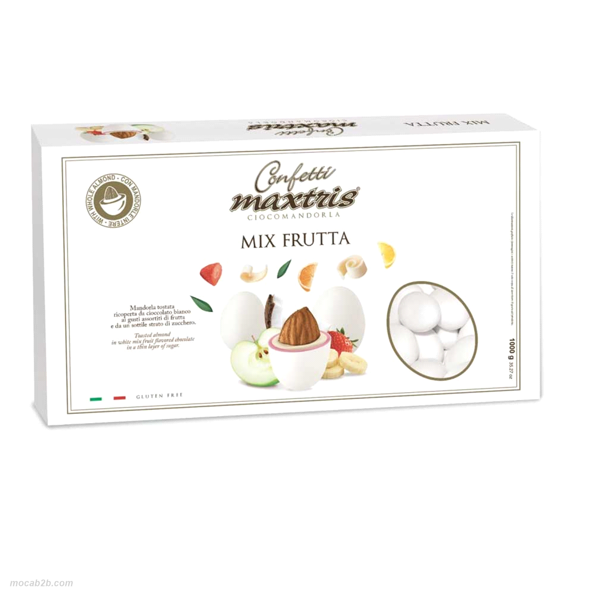 Mandorla tostata ricoperta da cioccolato bianco ai gusti assortiti di frutta (amarena, fragola, banana, arancia, cocco, limone e mela verde) e da un sottile strato di zucchero.
 