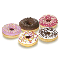 Scatola mista donuts glassati non farciti in cinque gustose varianti: real milk chocolate, pinky, white vanilla, party, rosy. 57,4 gr cad. 