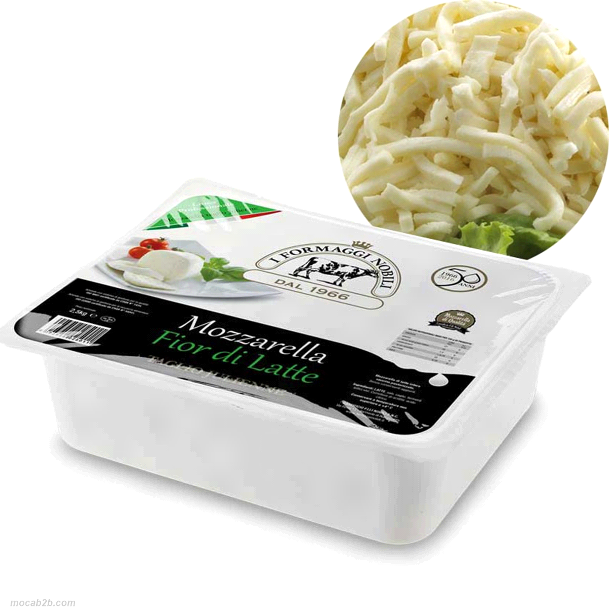 Vaschette di mozzarella taglio julienne. Ideale per pizze, lasagne e ripieni per gastronomia, viene venduto in comode confezioni da 2,5kg. 