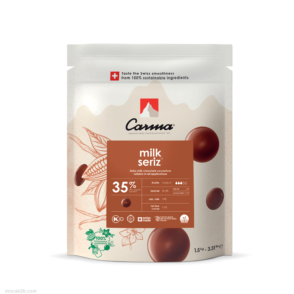 Copertura di cioccolato al latte di alta qualità, con il 37,4% di cacao e il 39,2% di grassi. Unisce intensi aromi di cacao alla morbidezza del latte svizzero, offrendo una consistenza setosa e un gusto perfettamente equilibrato. 