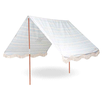 Tenda da spiaggia Laurens a righe blu navy. Dimensioni: 1,9mt x 2,9mt h1,8mt. Resistente all