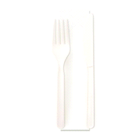 Set bis posate monouso, cpla, biocompostabile, bianco, forchetta+ coltello, tovagliolo 1 velo in carta 33x33 piegato a 12, resistenza fino a 90°c. Peso 10,3 gr, Lunghezza 15 cm. 