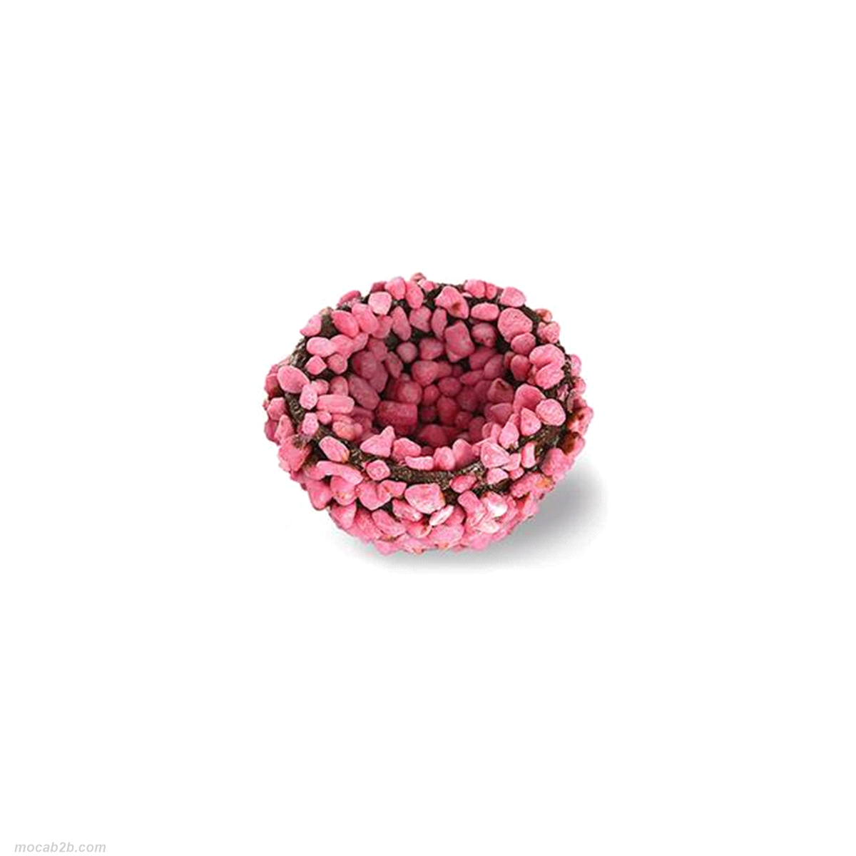Coppetta in cialda ricoperta di cacao e di riso soffiato alla fragola. Dimensione: 1,8 cm – Ø 3 cm. 