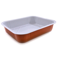 Contenitore in alluminio bilaccato. Dimensioni: 298x238xh.60mm. Resistenti, utilizzabili sia per la cottura che per la conservazione sia in microonde che forno. 