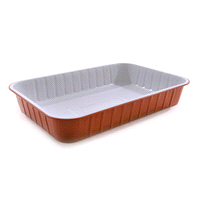 Contenitore in alluminio bilaccato. Dimensioni: 279x179xh.45mm. Resistenti, utilizzabili sia per la cottura che per la conservazione sia in microonde che forno. 