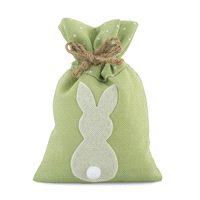 Sacchetto verde con coniglietto bianco e coulisse in juta. Misure: 10x15cm. 