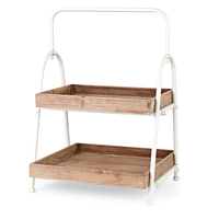Alzata metallo bianca con due vassoi in legno per esposizione. Misure:38x36x54 
