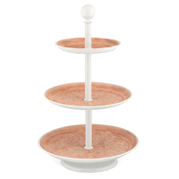 Alzata ceramica tre piani bianca/rosa h.66,5cm.
Non adatta al contatto diretto con alimenti. 