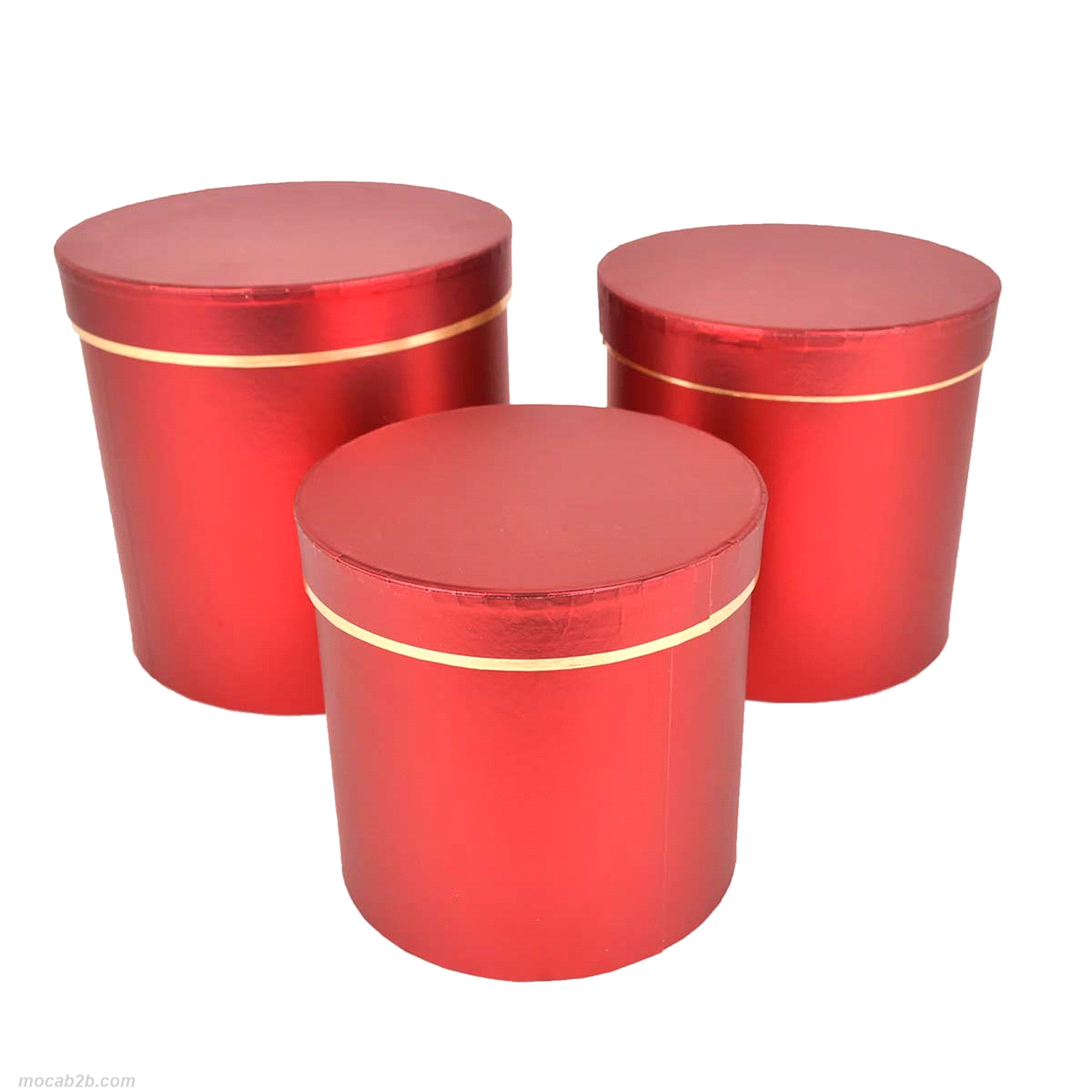 Scatola regalo tonda rossa set da 3 pezzi. Dimensioni: h.19cm./h.17cm/h.15cm. 
