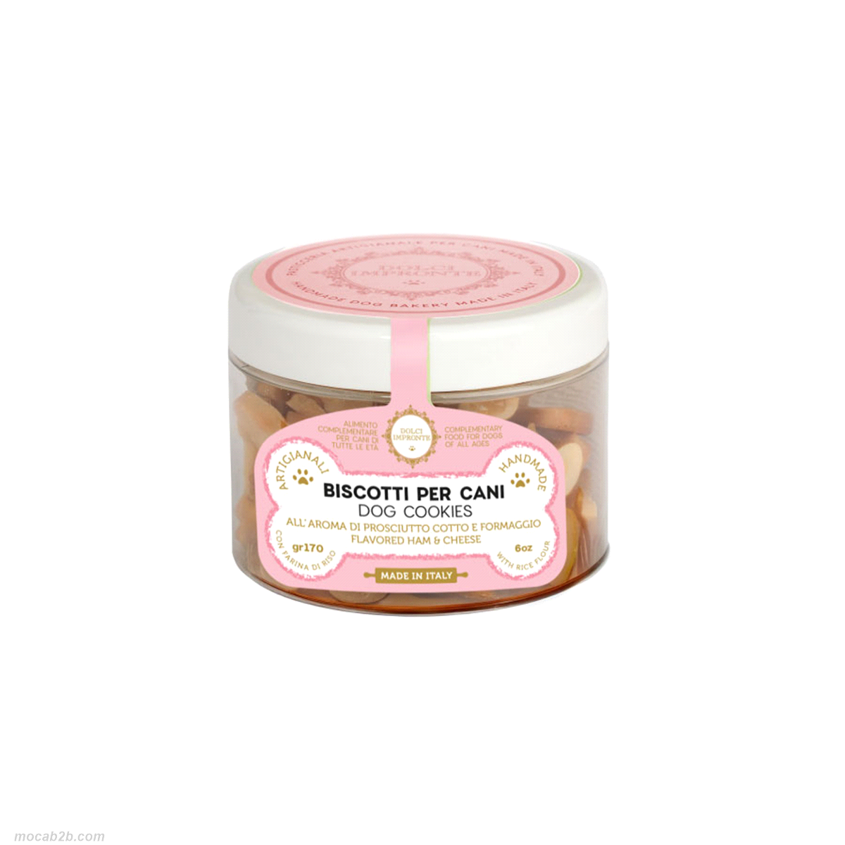 Biscotti per cani  Gluten Free con Farina Di Riso - Aromatizzati Prosciutto e Formaggio -  a forma di osso, realizzati a mano uno ad uno. 