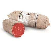 Coppa di suino stagionata. Senza glutine. Confezionata in rete a metà sottovuoto.
Formato: 0,7 - 0,9 kg -  ct da: 4 pz -  unità di vendita: 1 pz. 