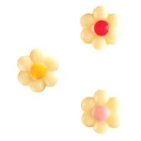 Decorazione in cioccolato bianco con decori assortiti – 3 colori: rosso, rosa e giallo. Diametro: 25 mm. Scatole da 108 pezzi. 
