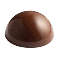 Mezza sfera in cioccolato fondente di copertura. Diametro: 65,0 mm. Altezza: 32,5 mm. Spessore: 1,40 mm. Peso netto di una singola decorazione: 10 g (circa). Scatola da 28 pezzi. 