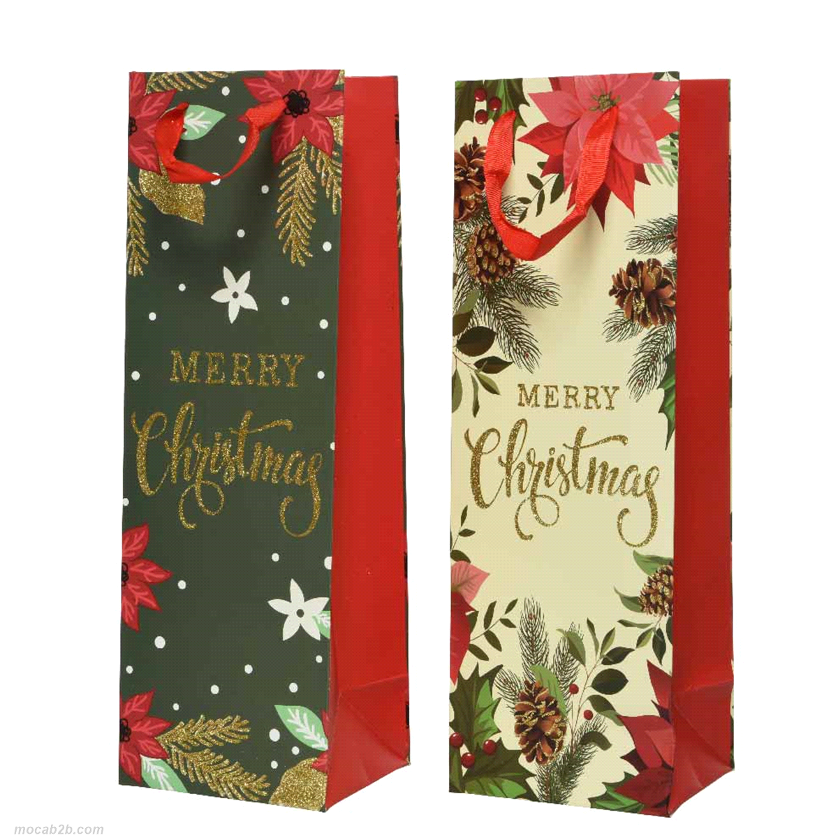 Borsa con stampa stella di Natale con glitter e con manici in 2 colori assortiti. Misure: 10x12 h.36cm. 