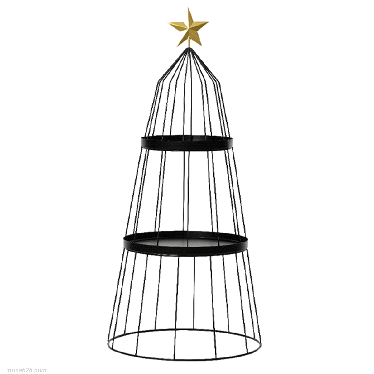 Scaffale ad albero in ferro con stella sul puntale, con due ripiani neri. Misure: diametro 37 h. 84cm. 