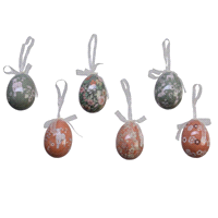 Uova decorate in 6 colori assortiti da appendere. Misure: diam.4 h.6cm.Confezione da 6 pezzi. 