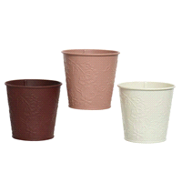Fioriera zincata 3 colori assortiti (rosa antico,  bianco, marrone) da in interno ed esterno. Misure:diametro 14h.12,6cm. 