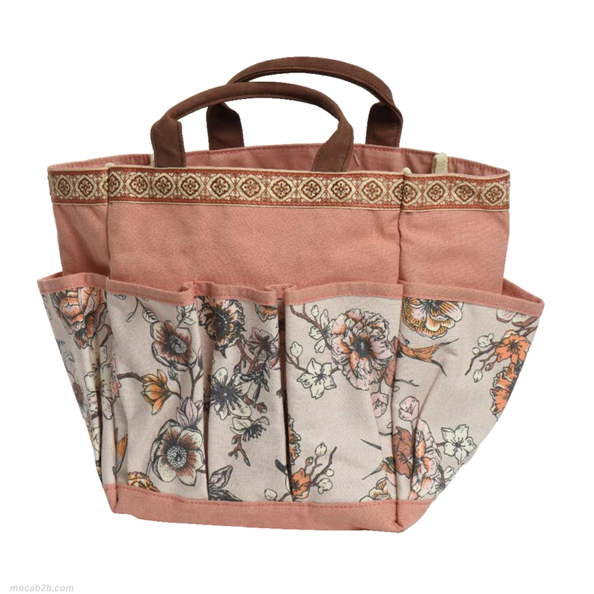 Borsa in tela color terracotta, stampa floreale con tasconi esterni. Misure: 25x10 h.22cm. 