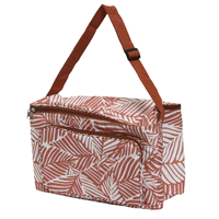 Borsa termica color terracotta con stampa foglie. Misure: 38x20 h.23cm. 