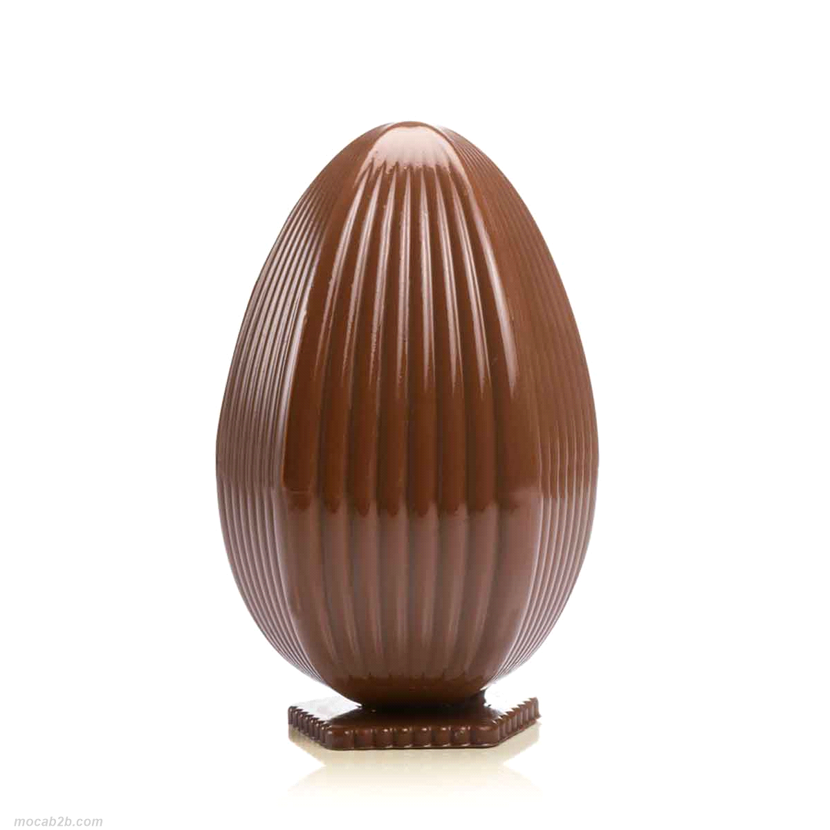 Stampo in plastica termoformata per uova di Pasqua con strisce verticali di cioccolato. Colore : trasparente
Dimensione uovo: ø 120 h 185 mm - Peso del prodotto finito : 300 gr. 