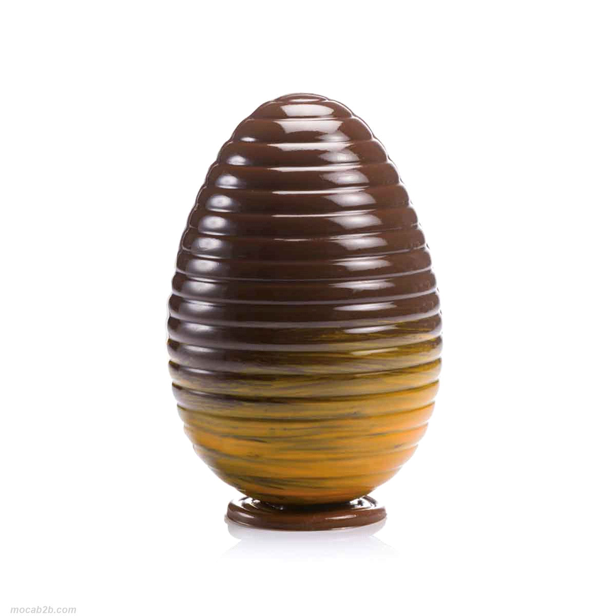 Stampo in plastica termoformata per uova di Pasqua con strisce orizzontali di cioccolato. Colore : trasparente - Dimensione uovo: ø 122 h 185 mm - Peso del prodotto finito : 320 gr. 