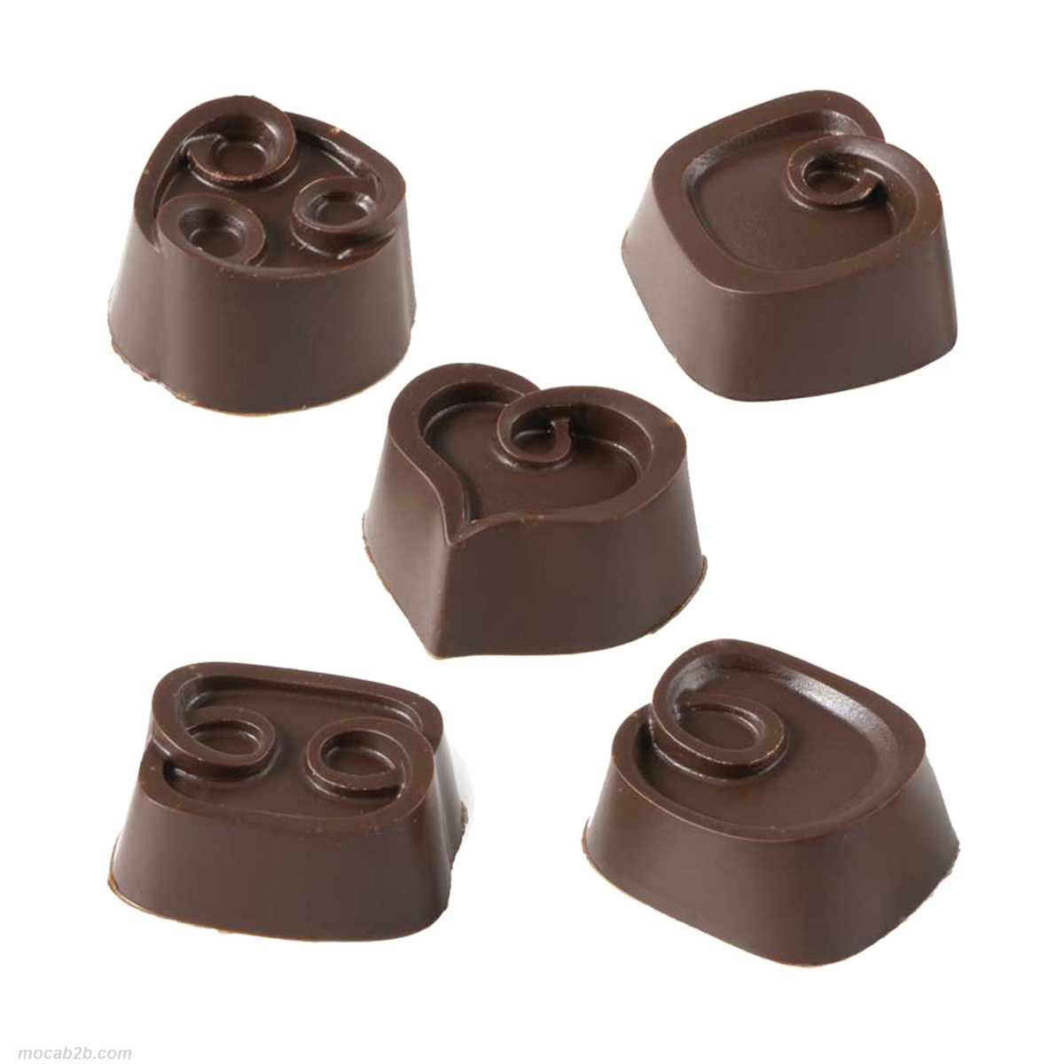 Stampo in policarbonato per praline di varie forme con decorazioni arricciate.
Ogni stampo permette la produzione di 6 praline per tipologia. 
