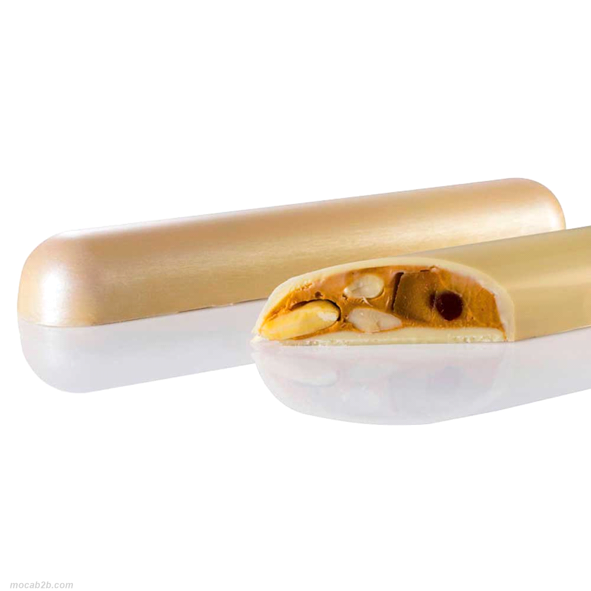 Stampo in policarbonato per torrone al cioccolato della linea Chocolog. Dimensioni del prodotto : 275 x 175 mm. 
Dimensioni torrone al cioccolato: 198 x 35 x h 23 mm. 