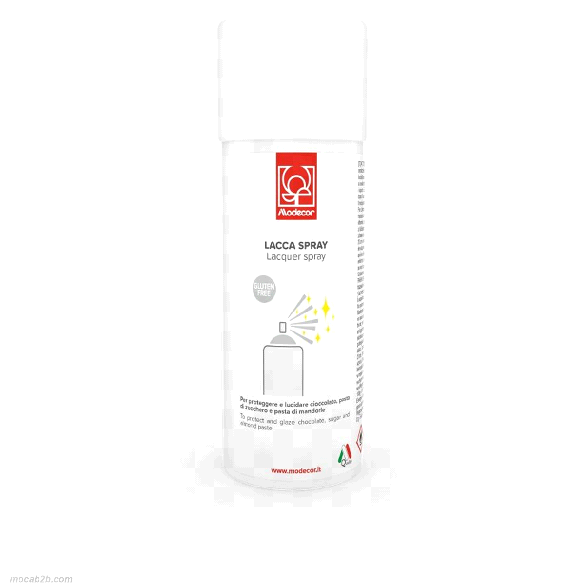 Lacca spray ideale per proteggere e lucidare cioccoalto, pasta di zucchero e pasta di mandorle.Gluten free. Non contiene coloranti azoici aggiunti. E171 free. 