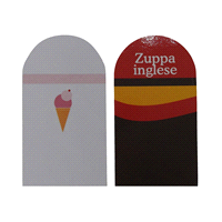 Etichetta in cartoncino plastificato, grafica fronte, nome gusto sul retro.Disponibili in italiano, inglese, tedesco, francese, spagnolo e neutra. 