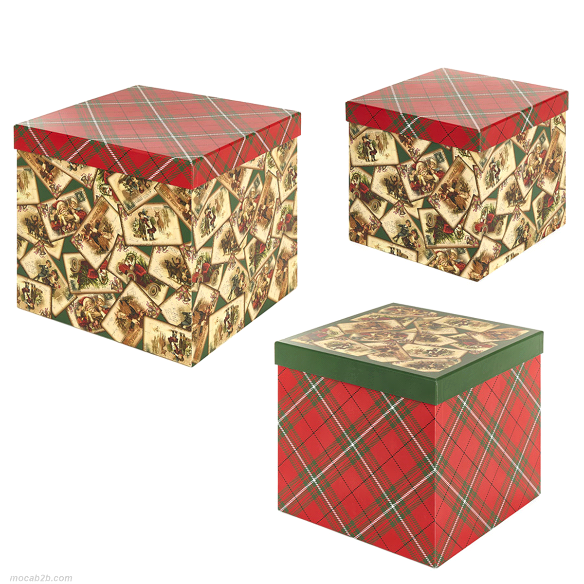 Set 3 scatole in cartone motivo Cartolina di Natale. Dimensioni: 20x20h.18/23x23 h.21/ 25x25 h. 23cm. 