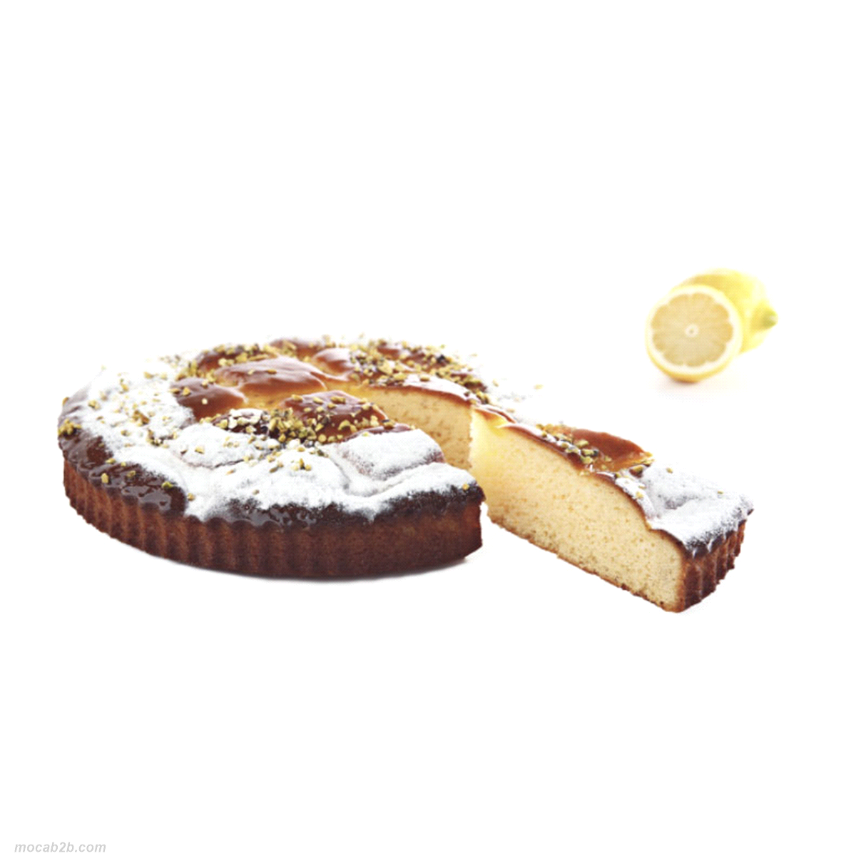 Torta soffice aromatizzata al limone arricchita da granella di pistacchio tostato. Da scongelare 30 min a temp. amb. 