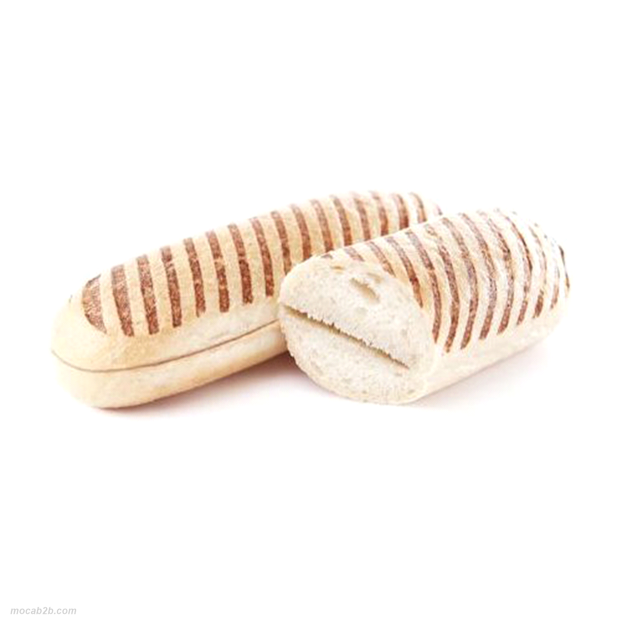 Panino pretagliato 110 gr, parzialmente cotto, surgelato. Lunghezza 19,5 cm circa. Cuocere 10-12 min a 210°C. 
