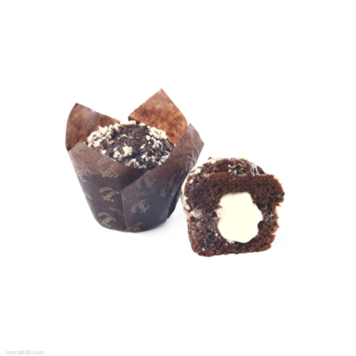 Mini muffin 26gr, impasto sofficissimo al cioccolato con pezzi di cioccolato, superfarcito con cioccolato bianco. 