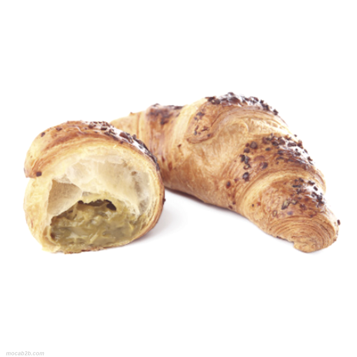 Croissant 90gr superfarcito da punta a punta con crema al pistacchio e guarnito con granella di smei di zucca caramellati. 