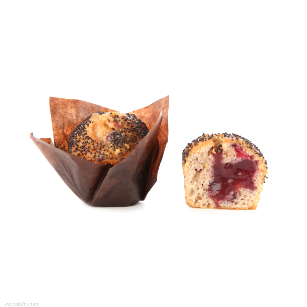 Mini muffin 26gr impasto sofficissimo ai cereali topping papavero e confettura frutti di bosco. 