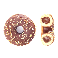 Donut con impasto americano e farcitura di crema di cacao e nocciole. 