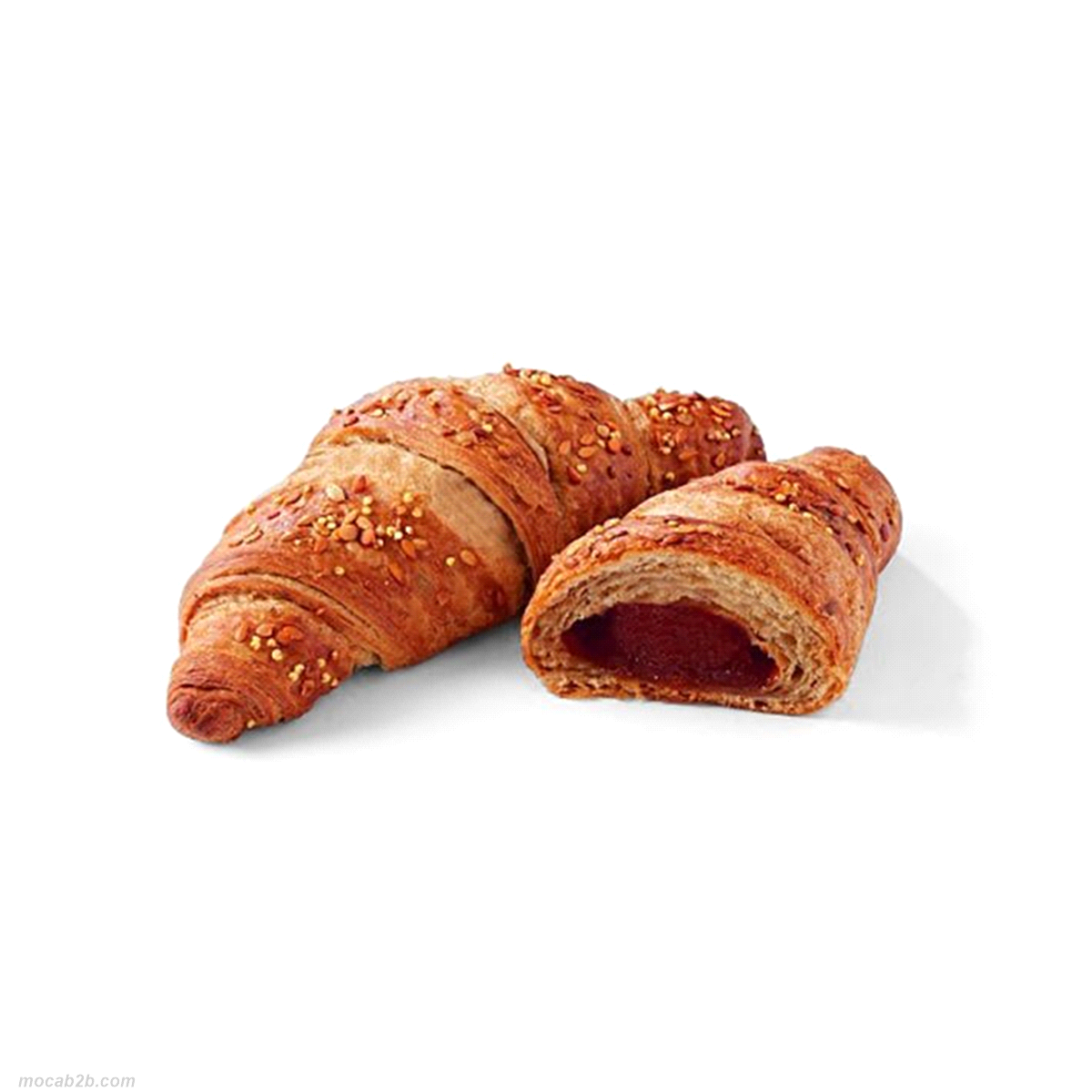 Croissant 100 gr. vegano con ricca farcitura agli agrumi (arancia, mandarino e pompelmo. Ricetta vegana con oltre il 10,4% di farina di farro. Cuocere 28-30 minuti a 160°C. 