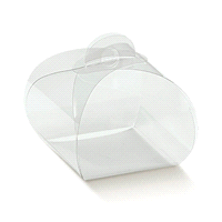 Scatola in pvc trasparente, con maniglia, fornita con fondino in cartoncino teso provvisto di fori per alloggiare la scatola in pvc trasparente bicchierino, già compresa nel kit.
 